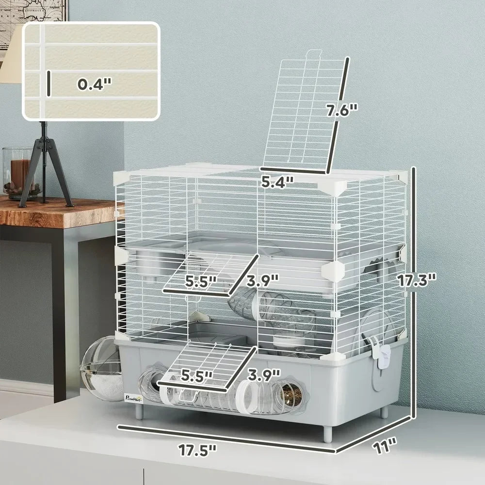 2-Tier Hamster Cage, Hamster Habitat with Accessories, Gray