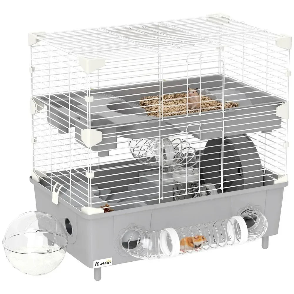 2-Tier Hamster Cage, Hamster Habitat with Accessories, Gray