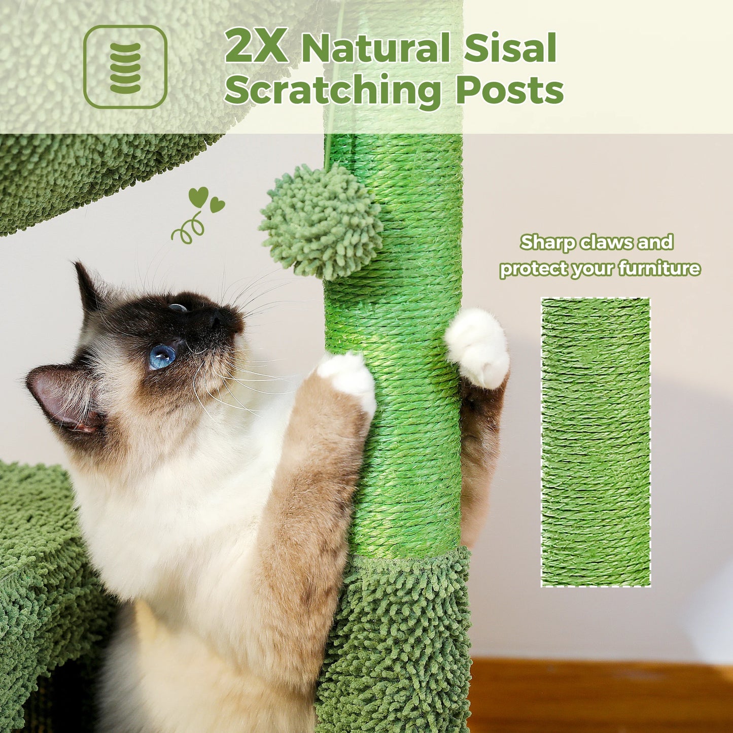 Cactus Cat Tree with Large Condo, Hammock, Dangling Ball