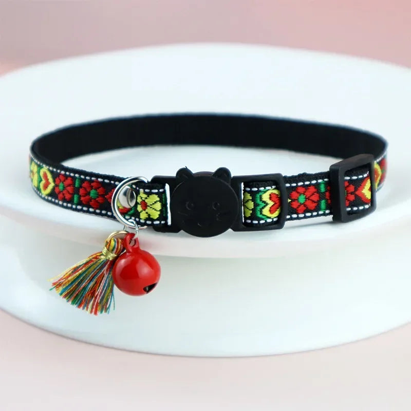 Adjustable collar with tassels and bells embellished pet collar