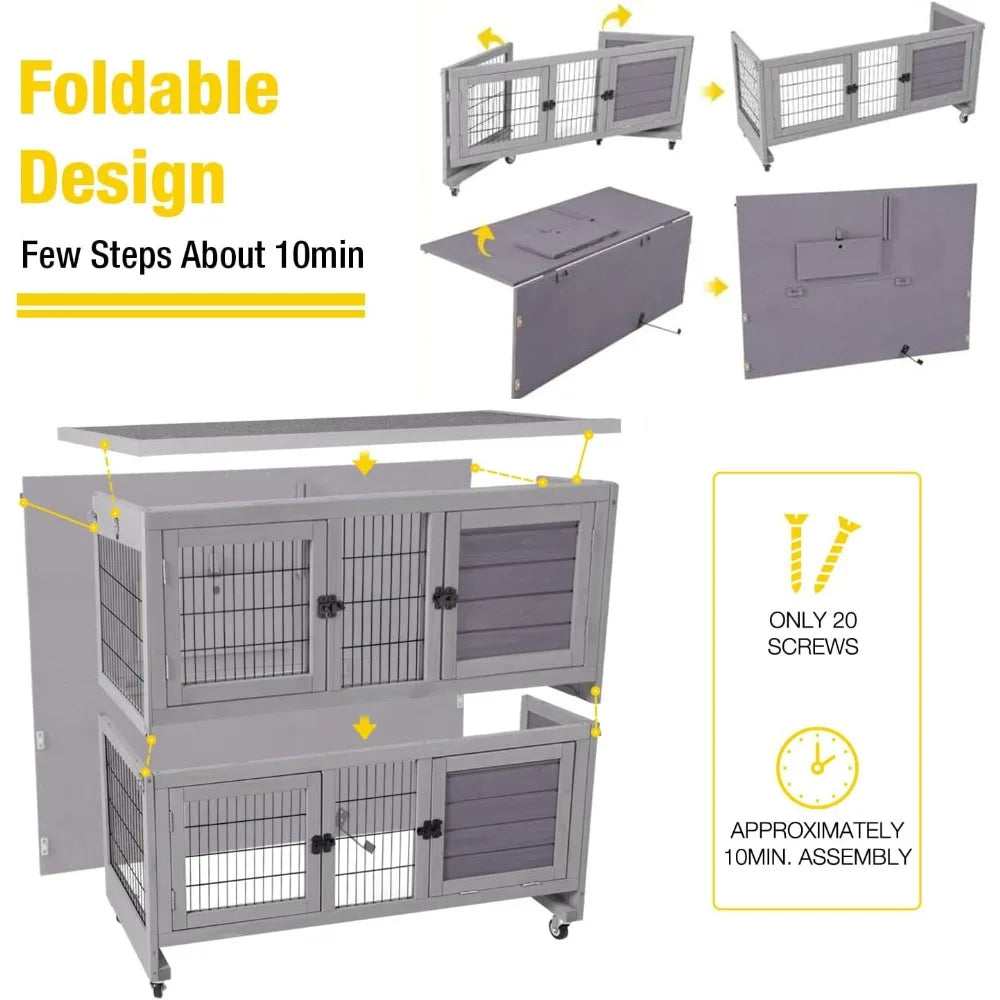 Rabbit Hutch, Two Story Cage with Wheels, Collapsable