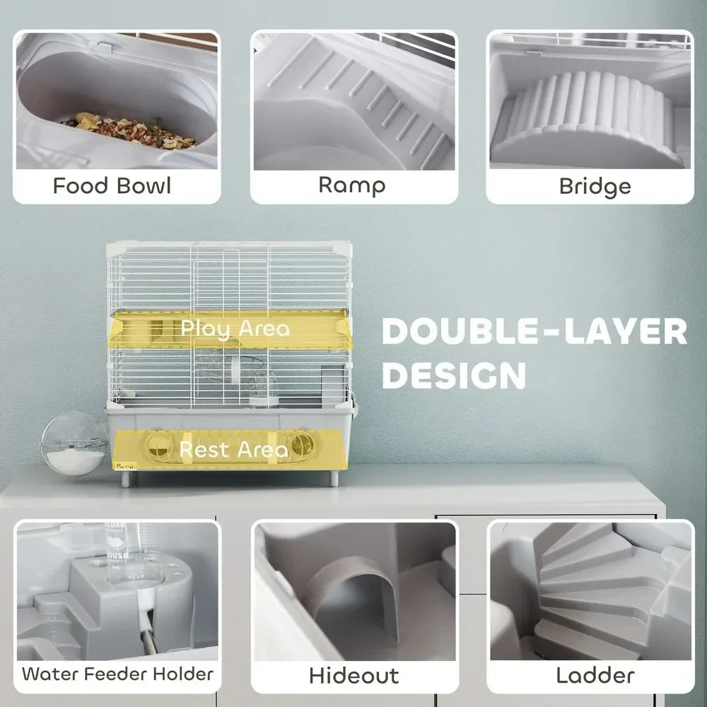 2-Tier Hamster Cage, Hamster Habitat with Accessories, Gray