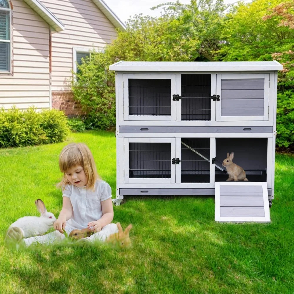 Rabbit Hutch, Two Story Cage with Wheels, Collapsable
