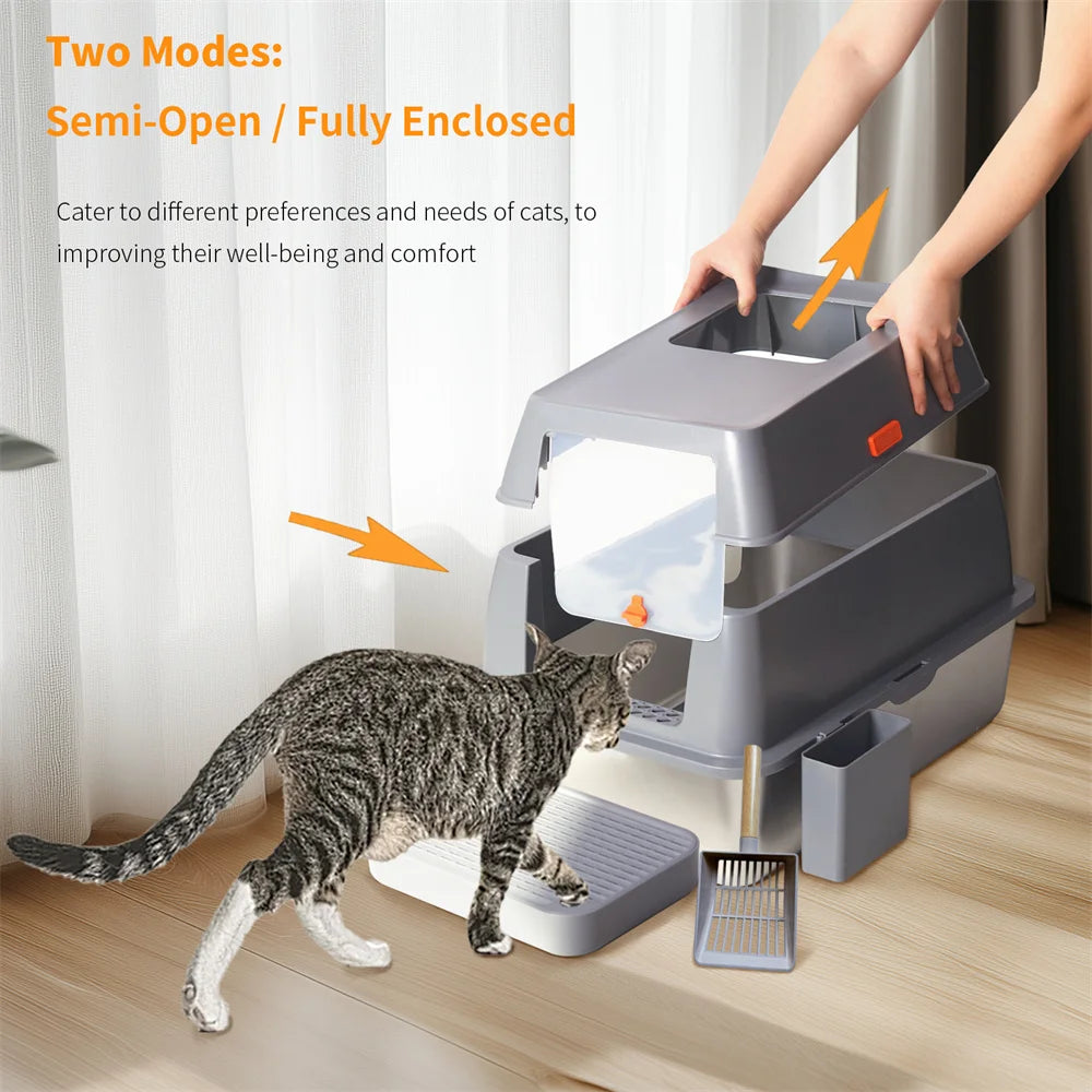 XXL Stainless Steel Cat Litter Box Enclosed