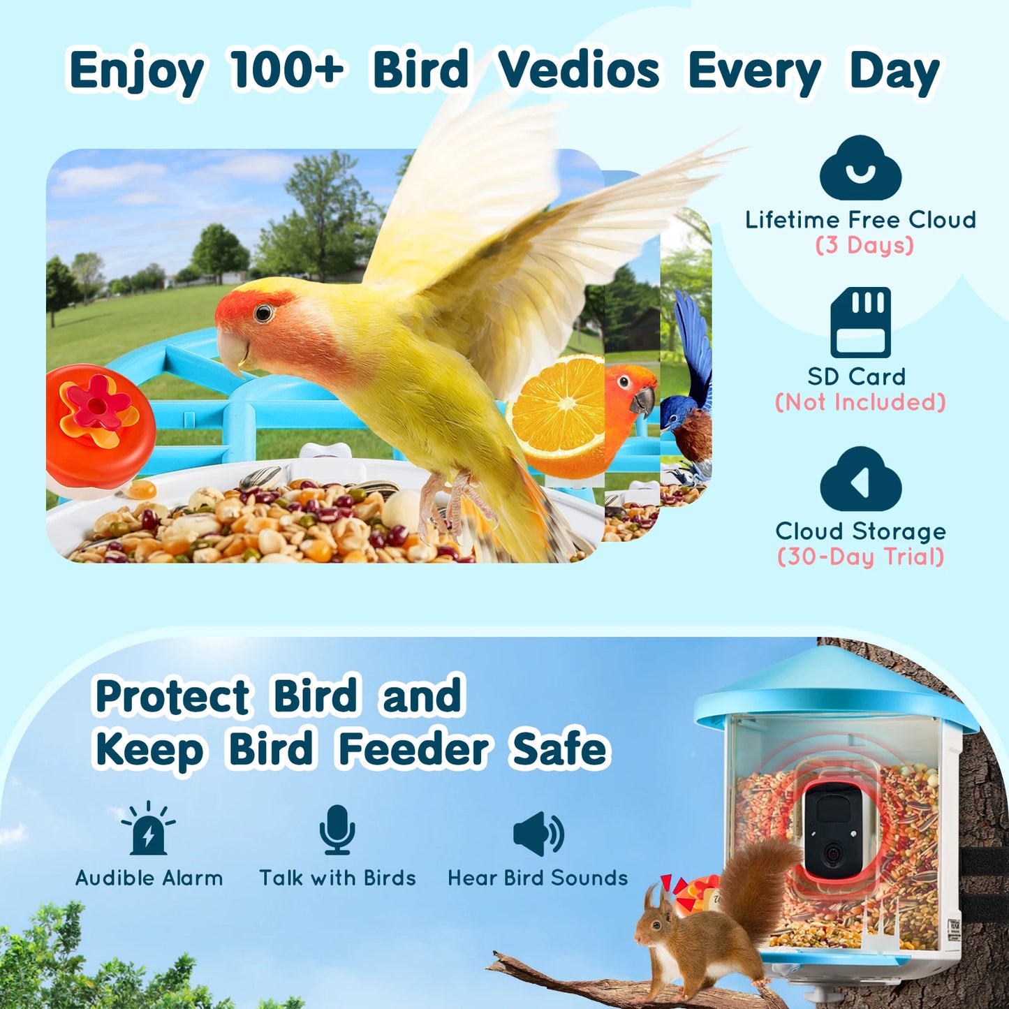 Smart Bird Feeder with Camera 2KHD