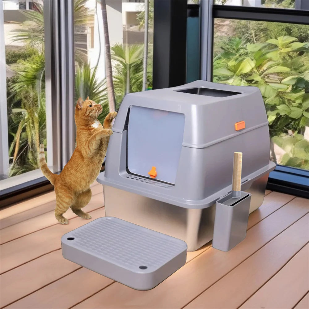 XXL Stainless Steel Cat Litter Box Enclosed