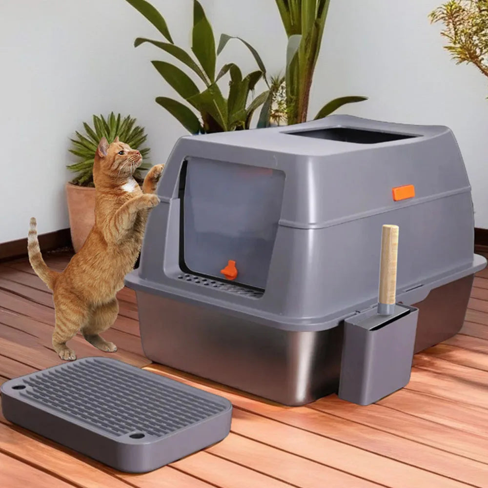 XXL Stainless Steel Cat Litter Box Enclosed