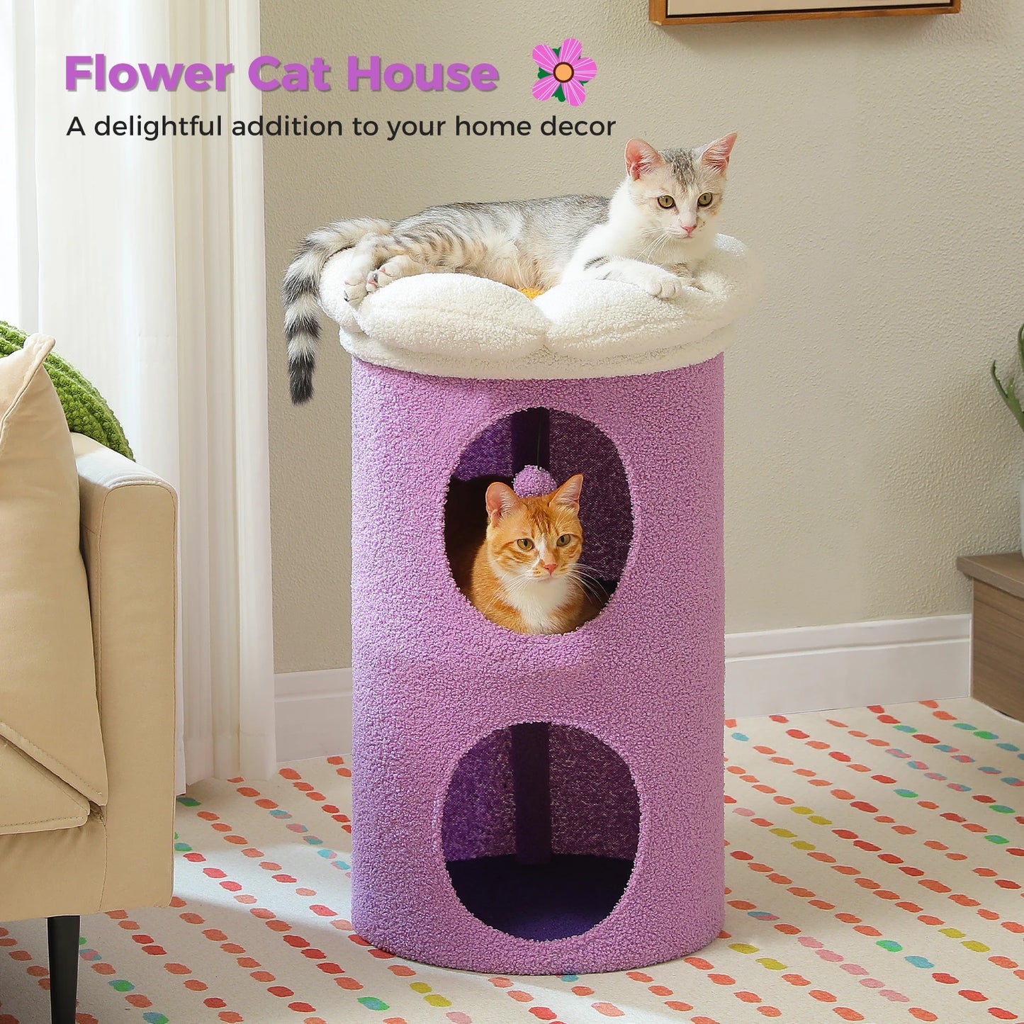 2-Story Large Cat House with Removable Flower Cat Bed