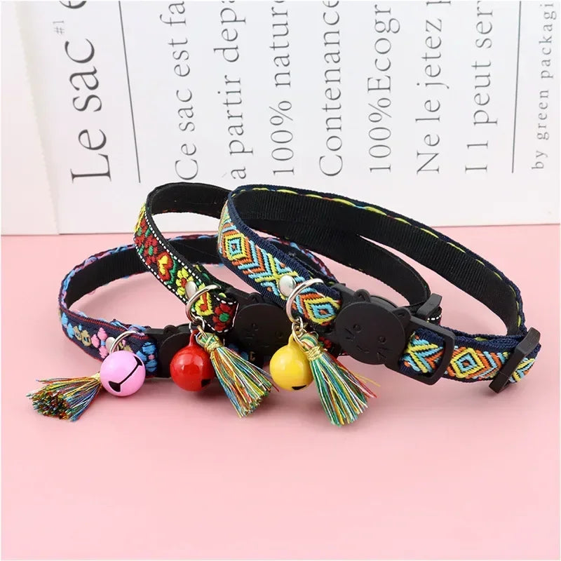Adjustable collar with tassels and bells embellished pet collar