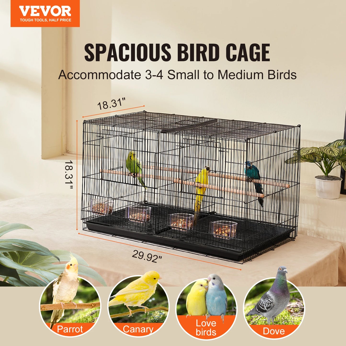 30" Flight Bird Cage with Handle and Perches