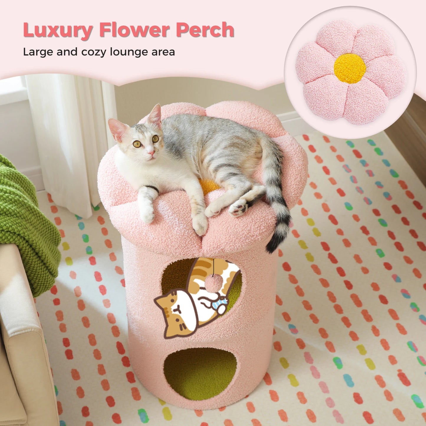 2-Story Large Cat House with Removable Flower Cat Bed