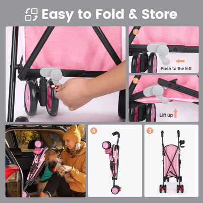 Pet Stroller with Brakes And Storage- Pink