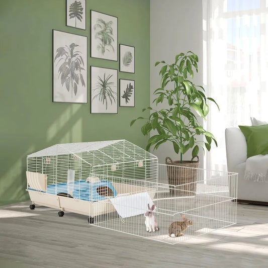 67" L Rolling Rabbit Cage with Foldable Playpen