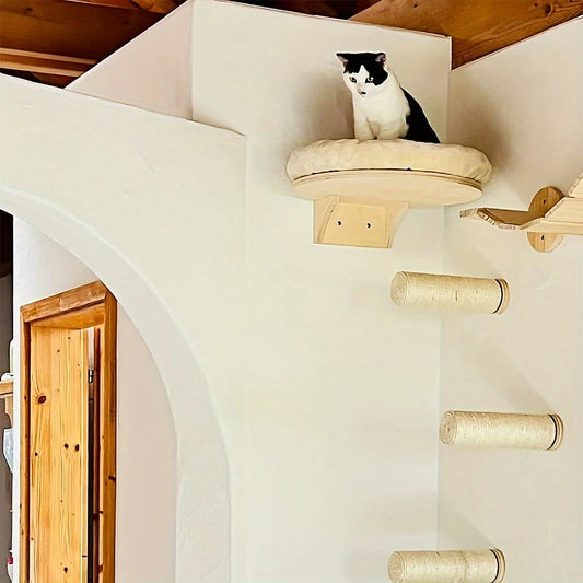 Cat Wall Mounted Solid Wooden Furniture Climbing Ladder and Cat Hammock