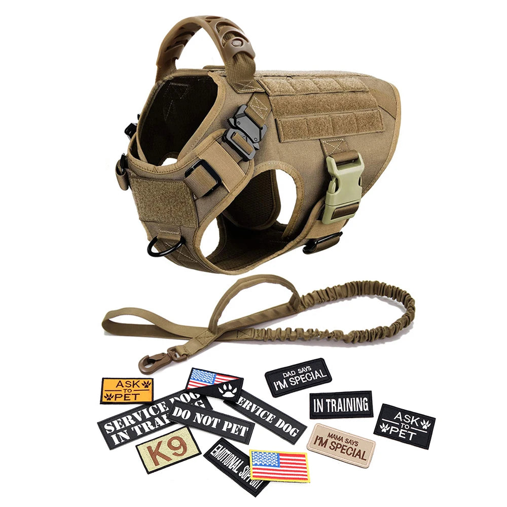 Tactical Dog Harness Collar Leash Bags Patches Set