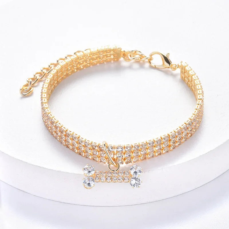 Adjustable Pet Necklace Cat Dog Collar with Diamond Zircon Bone Pendant