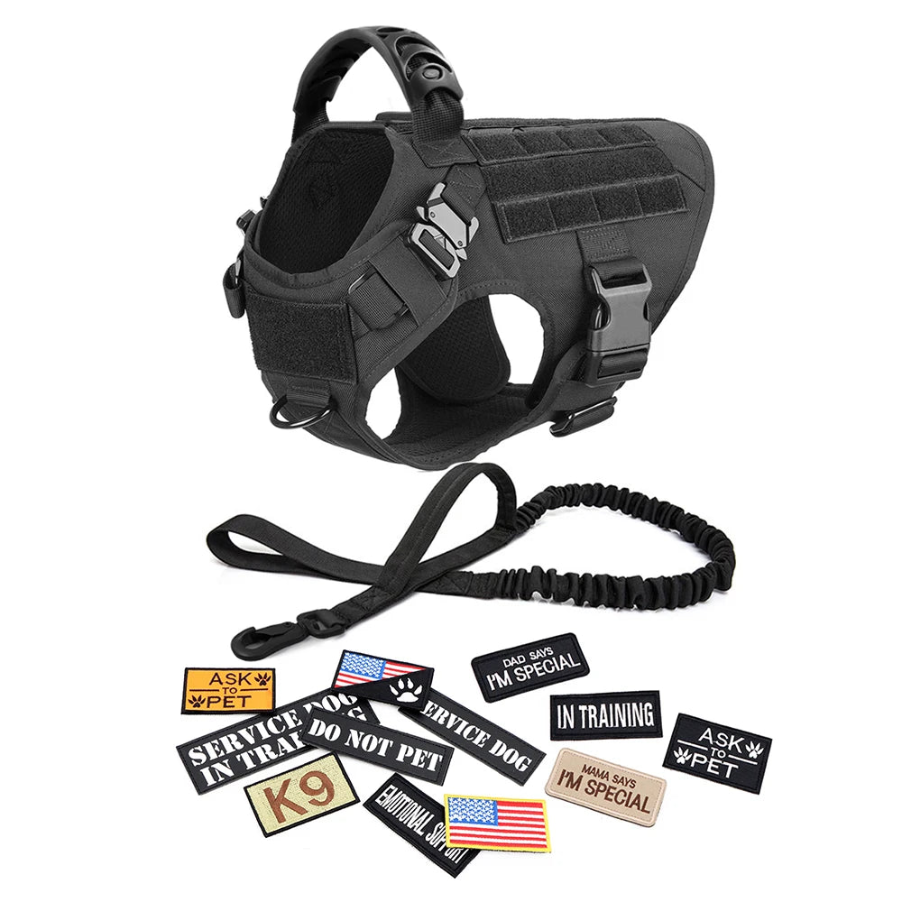 Tactical Dog Harness Collar Leash Bags Patches Set