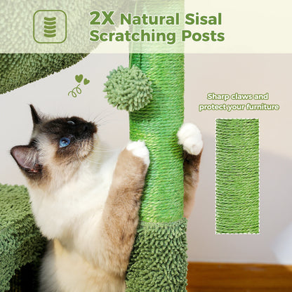 Cactus Cat Tree with Large Condo, Hammock, Dangling Ball