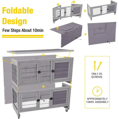 Rabbit Hutch, Two Story Cage with Wheels, Collapsable