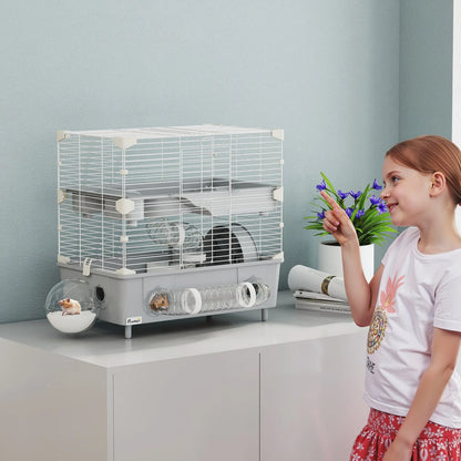 2-Tier Hamster Cage, Hamster Habitat with Accessories, Gray