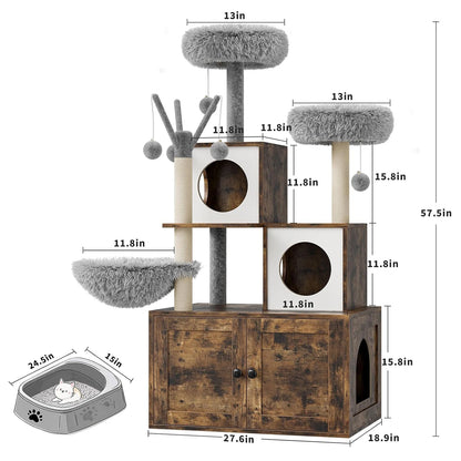 Wood Cat Condo with Scratching Post, Dangling Balls, Backet Perch