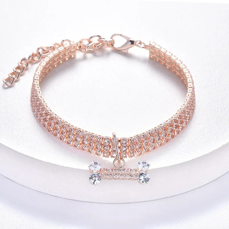 Adjustable Pet Necklace Cat Dog Collar with Diamond Zircon Bone Pendant