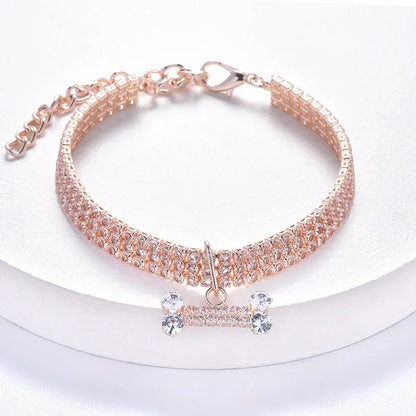 Adjustable Pet Necklace Cat Dog Collar with Diamond Zircon Bone Pendant