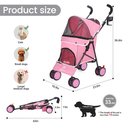 Pet Stroller with Brakes And Storage- Pink