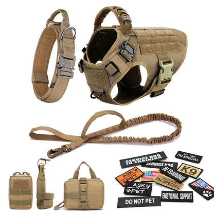 Tactical Dog Harness Collar Leash Bags Patches Set