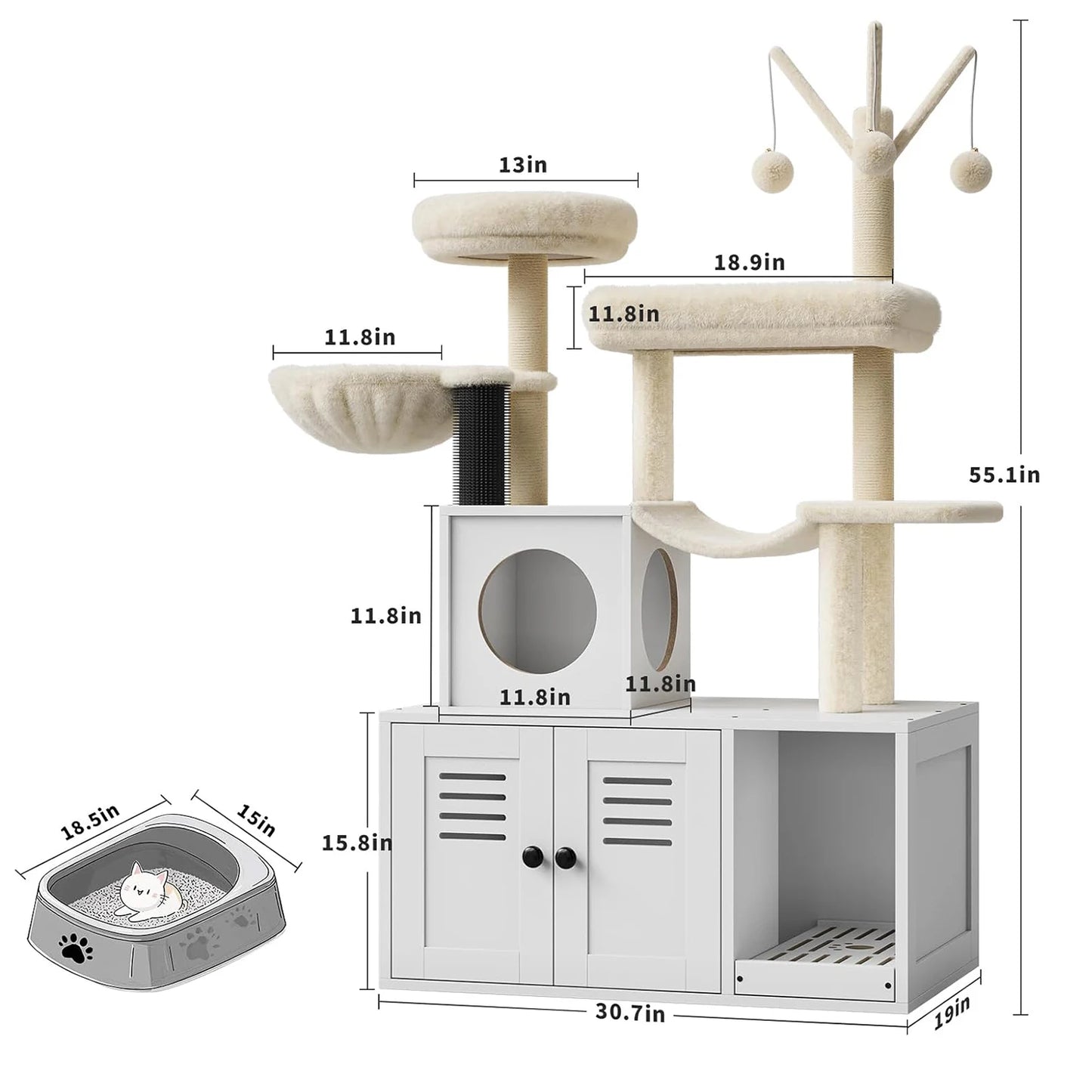 Wood Cat Condo with Scratching Post, Dangling Balls, Backet Perch