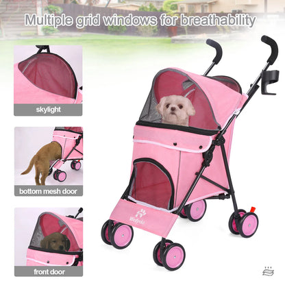 Pet Stroller with Brakes And Storage- Pink