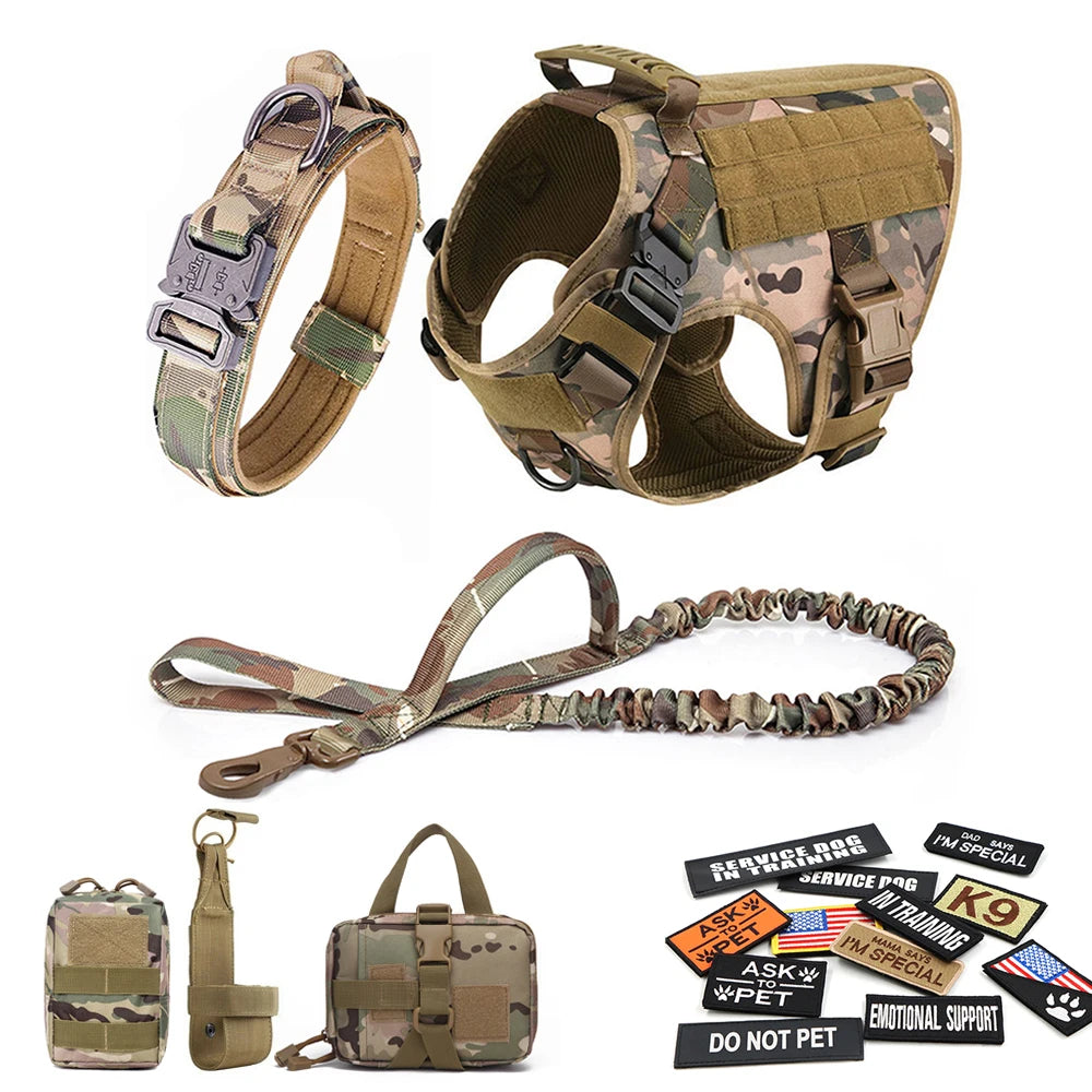 Tactical Dog Harness Collar Leash Bags Patches Set