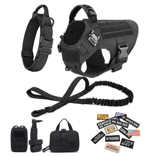 Tactical Dog Harness Collar Leash Bags Patches Set