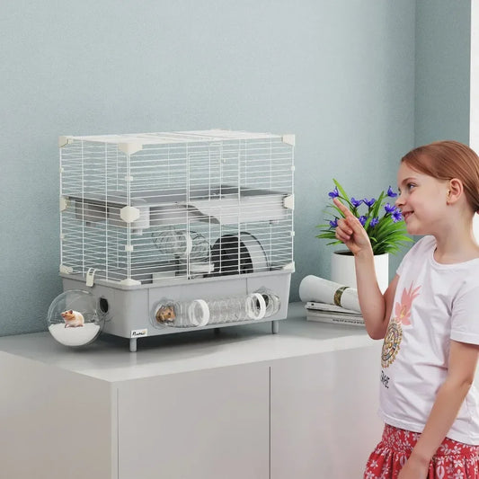 2-Tier Hamster Cage, Hamster Habitat with Accessories, Gray