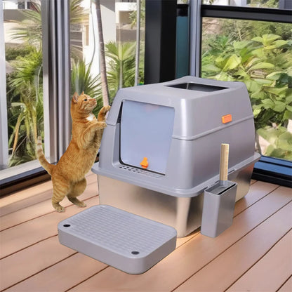 XXL Stainless Steel Cat Litter Box Enclosed