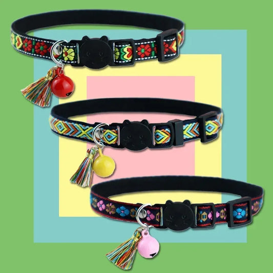 Adjustable collar with tassels and bells embellished pet collar