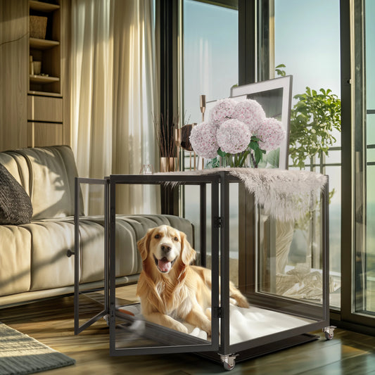 First Tempered Glass Dog Crate with Aluminum Frame Rolling