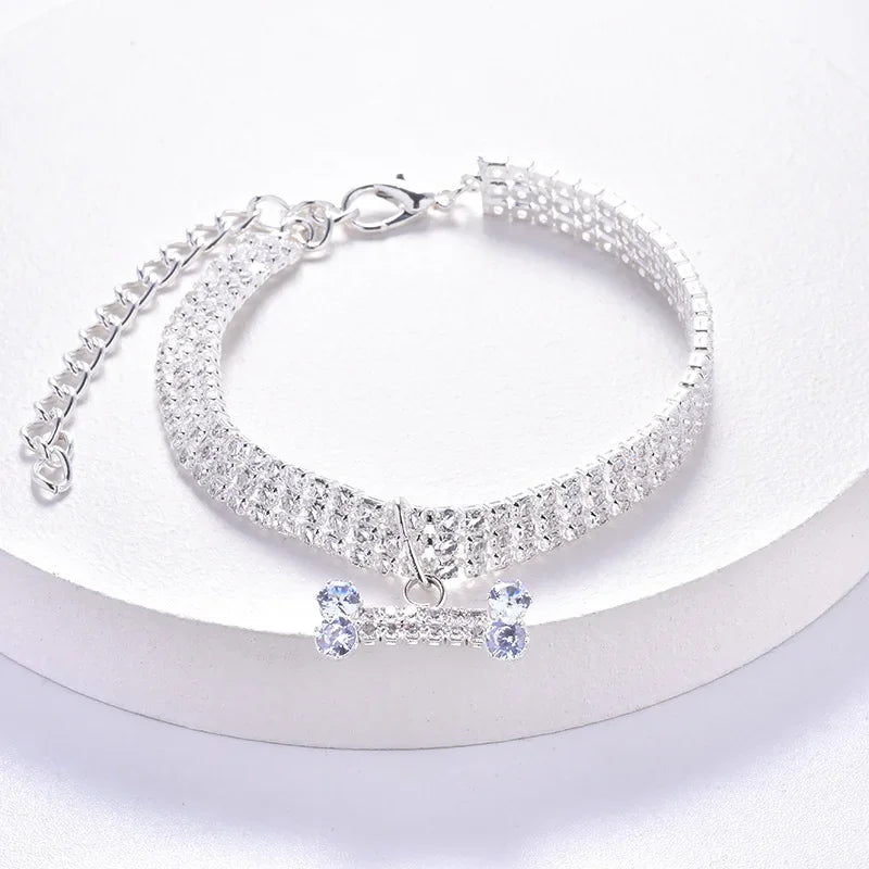 Adjustable Pet Necklace Cat Dog Collar with Diamond Zircon Bone Pendant