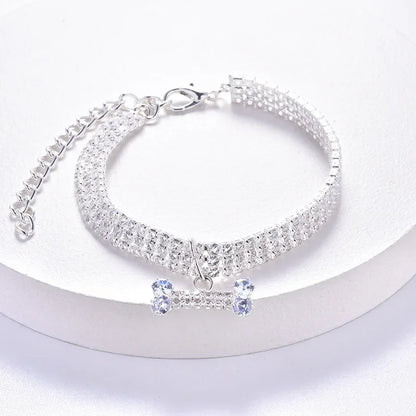 Adjustable Pet Necklace Cat Dog Collar with Diamond Zircon Bone Pendant