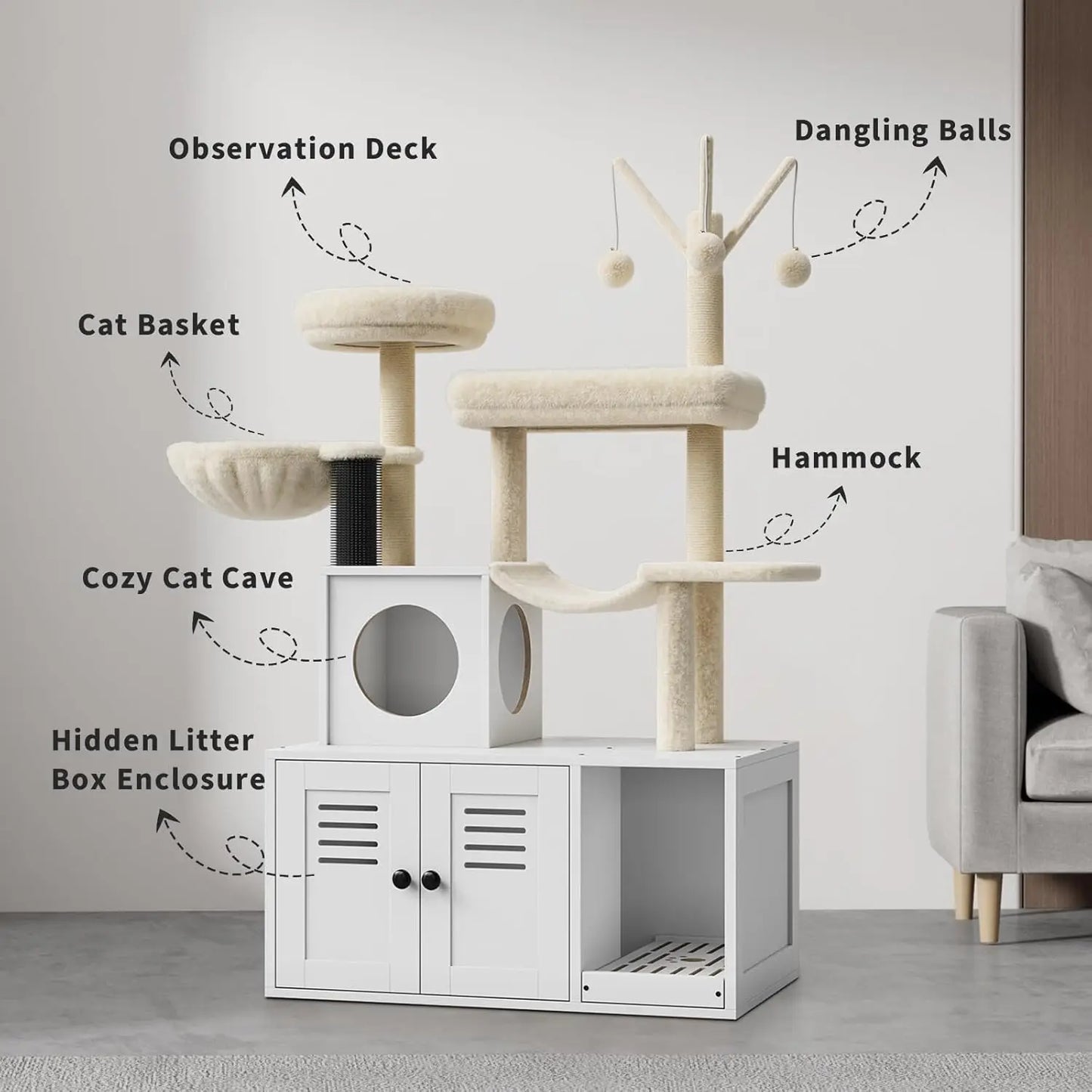 Wood Cat Condo with Scratching Post, Dangling Balls, Backet Perch
