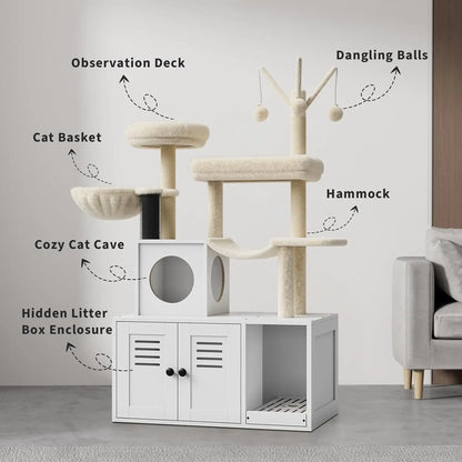 Wood Cat Condo with Scratching Post, Dangling Balls, Backet Perch