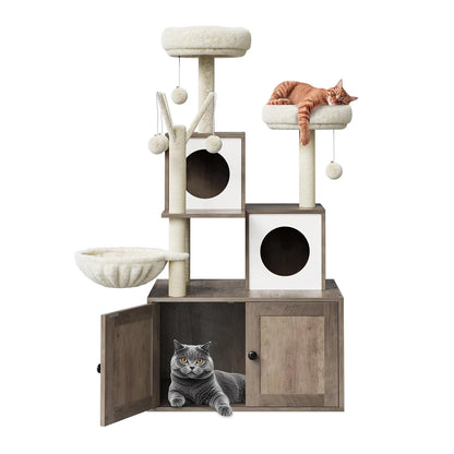 Wood Cat Condo with Scratching Post, Dangling Balls, Backet Perch