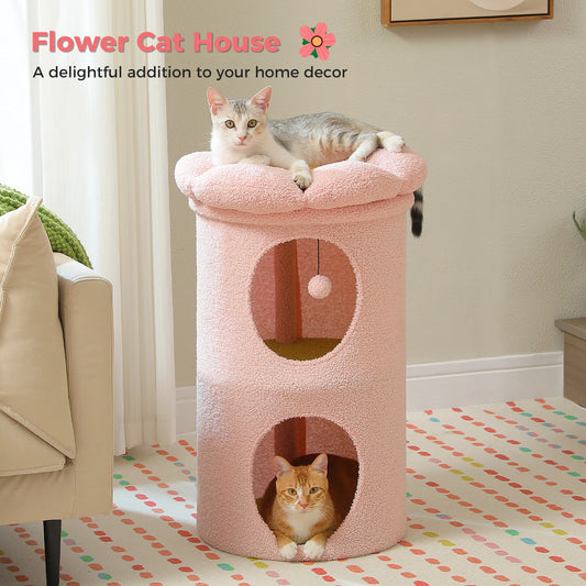 2-Story Large Cat House with Removable Flower Cat Bed