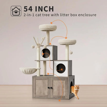 Wood Cat Condo with Scratching Post, Dangling Balls, Backet Perch