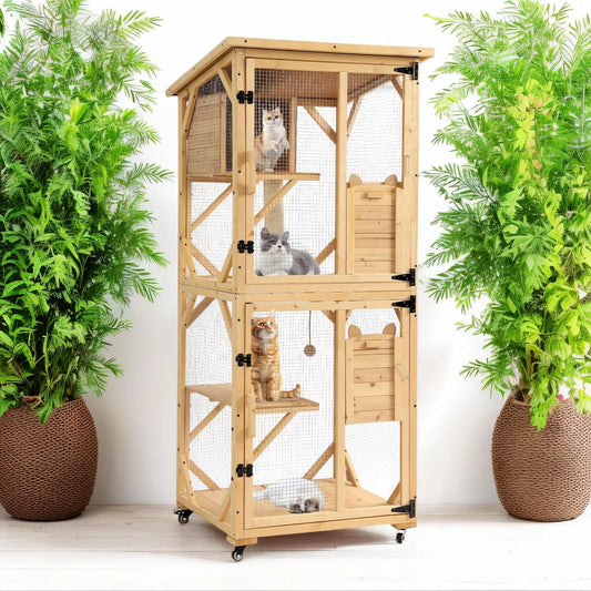 4 Tiers Cat Wooden House Cage on Wheels