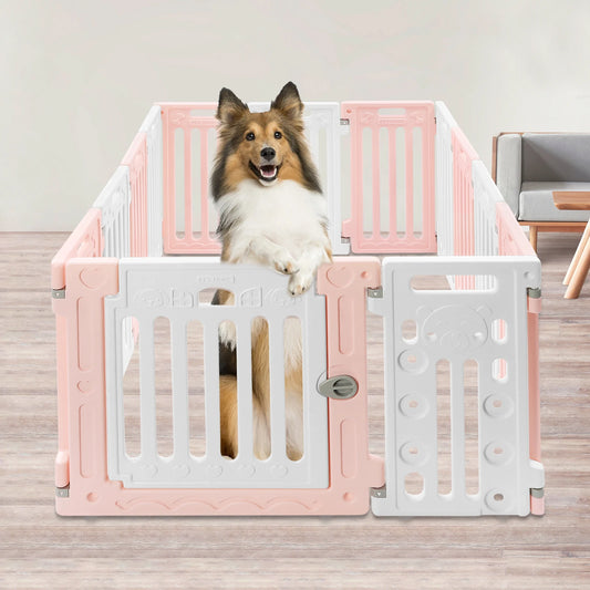 (Pink-White) 12 Panels Pet Playpen with Door