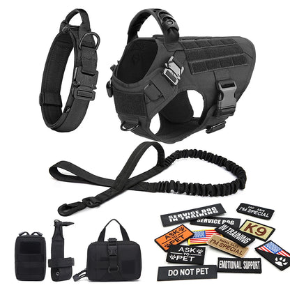 Tactical Dog Harness Collar Leash Bags Patches Set