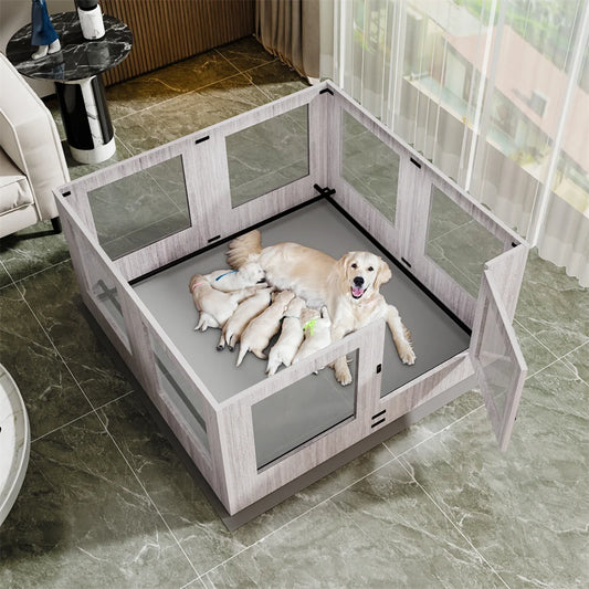 Tempered Glass Pet Whelping Box with Waterproof Pad