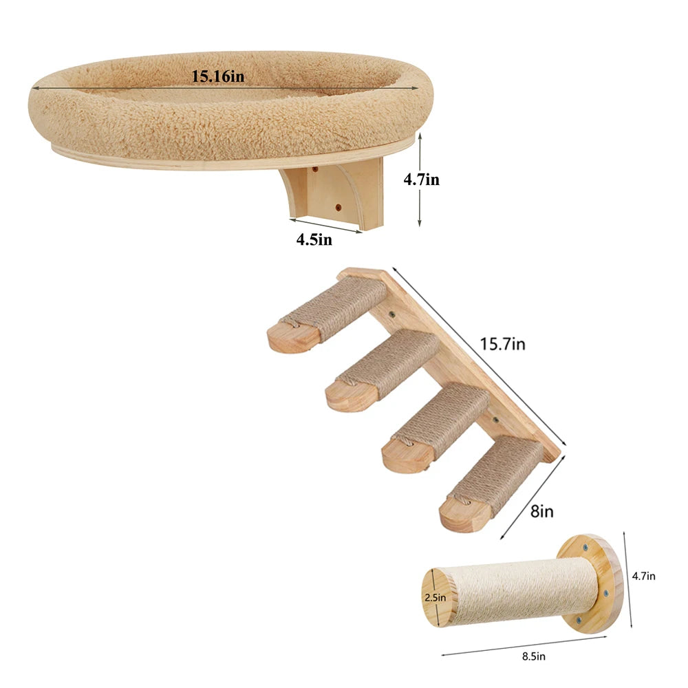 Cat Wall Mounted Solid Wooden Furniture Climbing Ladder and Cat Hammock