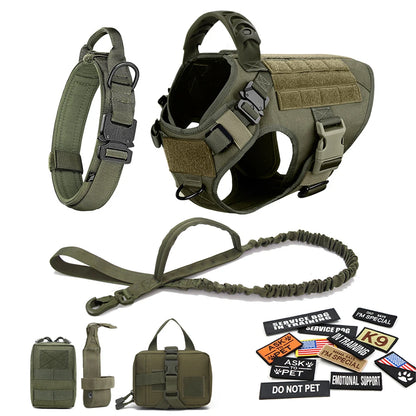 Tactical Dog Harness Collar Leash Bags Patches Set